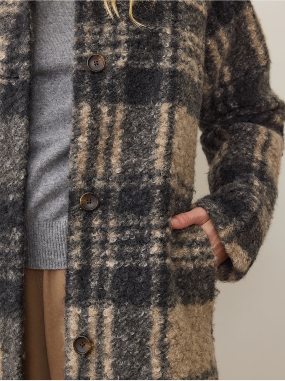 Marine Layer Plaid Long Coat in Black, Gray, and Tan - Picture 4 of 7